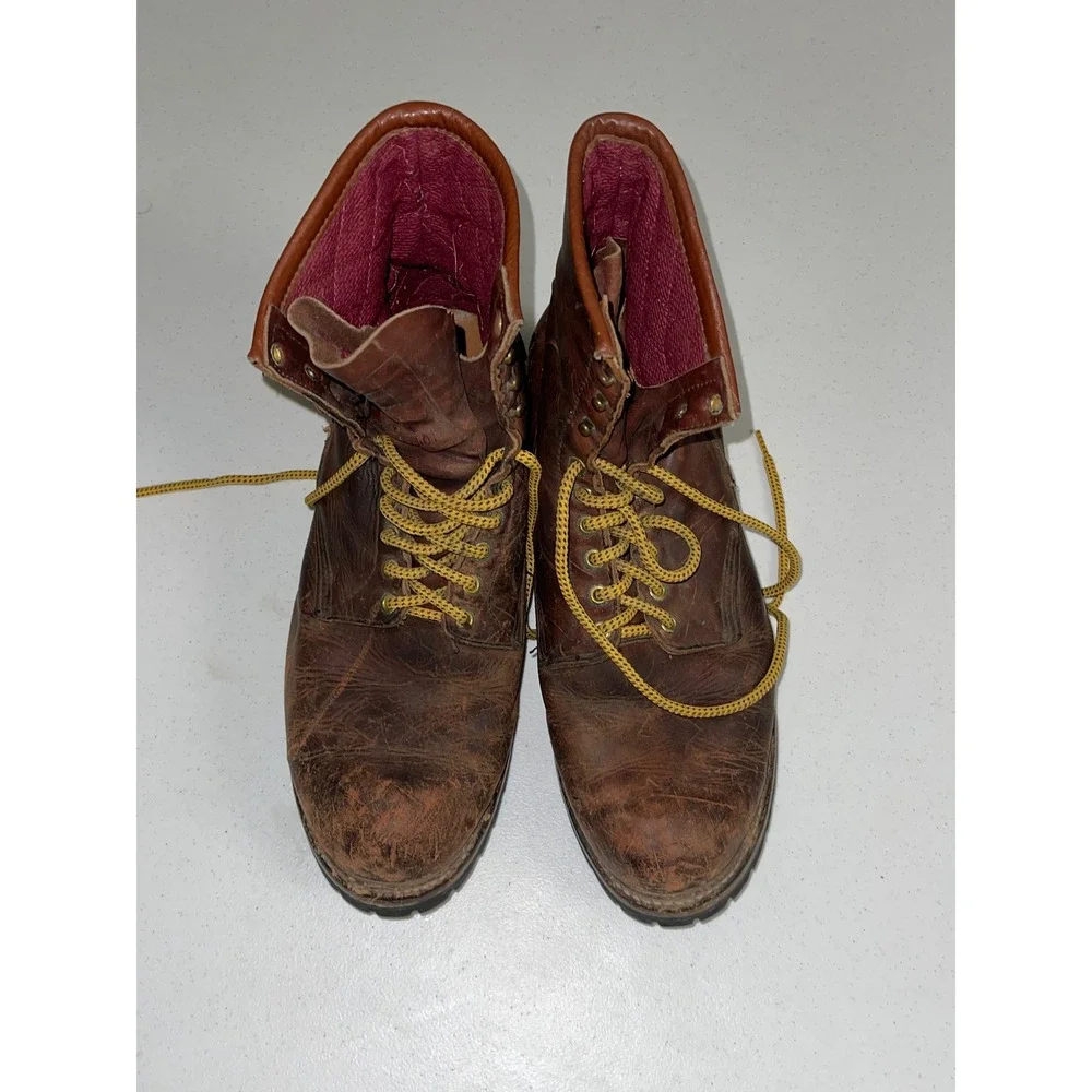 Vtg Red Wing Logger Boots size 14 Brown Leather Work Vibram Lug Sole Made in USA